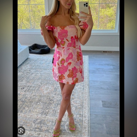 So Stunning Orange Multi Floral Jacquard Puff Sleeve Mini Dress - Picture 4 of 13